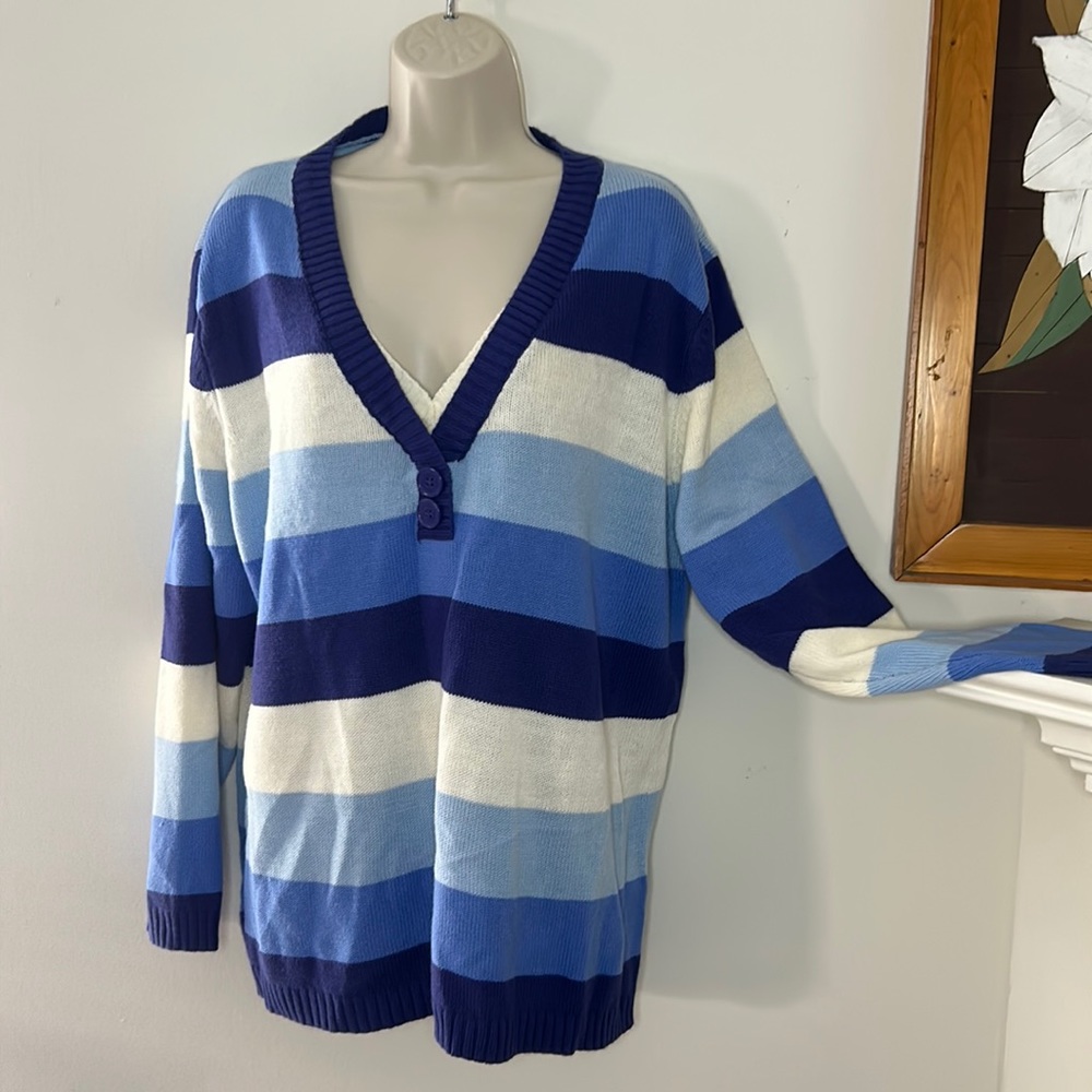Vintage, varsity style, striped button sweater V-neck